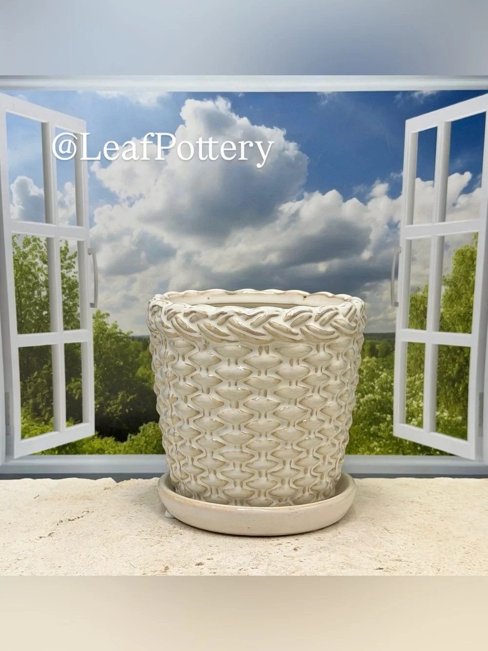 Ceramic Woven Basket Planter with Attached Saucer & Drainage Hole